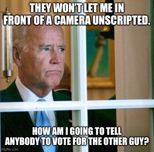 Sad Joe Biden | THEY WON’T LET ME IN FRONT OF A CAMERA UNSCRIPTED. HOW AM I GOING TO TELL ANYBODY TO VOTE FOR THE OTHER GUY? | image tagged in sad joe biden | made w/ Imgflip meme maker