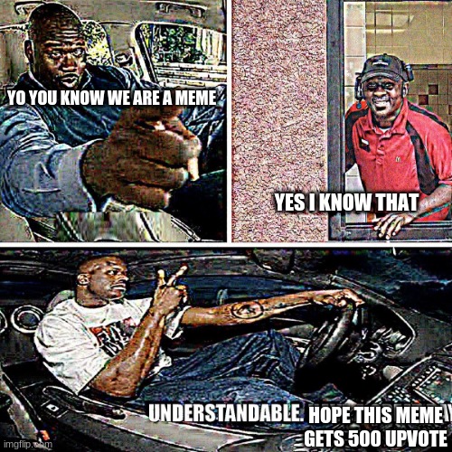 A meme | YO YOU KNOW WE ARE A MEME; YES I KNOW THAT; HOPE THIS MEME GETS 500 UPVOTE | image tagged in understandable have a great day | made w/ Imgflip meme maker
