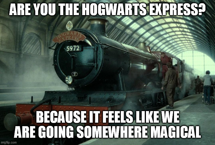 Hogwarts express | ARE YOU THE HOGWARTS EXPRESS? BECAUSE IT FEELS LIKE WE ARE GOING SOMEWHERE MAGICAL | image tagged in hogwarts express | made w/ Imgflip meme maker
