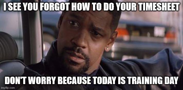 Timesheet Training Day | I SEE YOU FORGOT HOW TO DO YOUR TIMESHEET; DON'T WORRY BECAUSE TODAY IS TRAINING DAY | image tagged in denzel training day,timesheet reminder,timesheet meme,timesheets on those who forget there timesheets | made w/ Imgflip meme maker