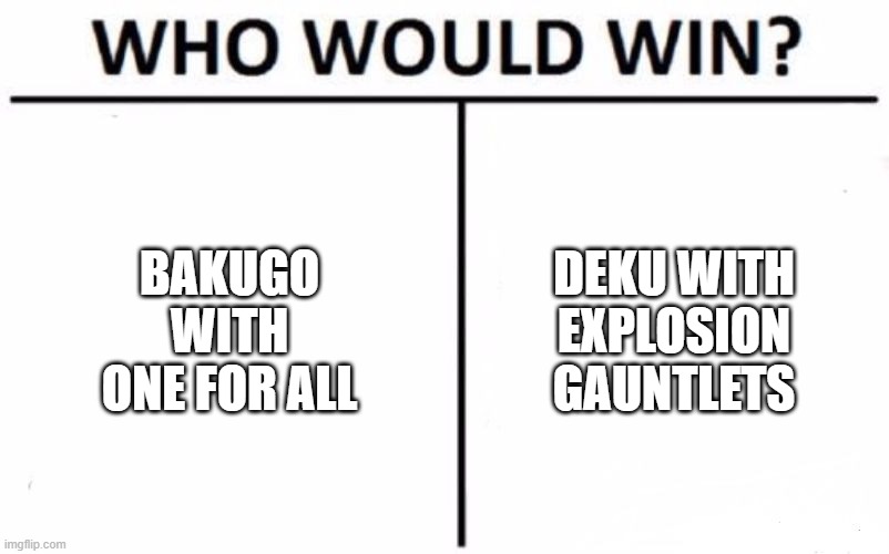 Who Would Win? Meme | BAKUGO WITH ONE FOR ALL; DEKU WITH EXPLOSION GAUNTLETS | image tagged in memes,who would win | made w/ Imgflip meme maker