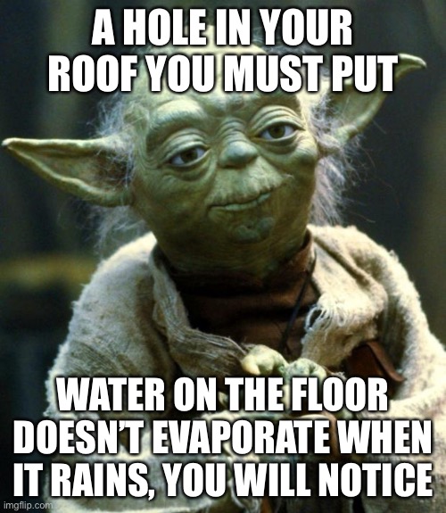 Star Wars Yoda Meme | A HOLE IN YOUR ROOF YOU MUST PUT WATER ON THE FLOOR DOESN’T EVAPORATE WHEN IT RAINS, YOU WILL NOTICE | image tagged in memes,star wars yoda | made w/ Imgflip meme maker