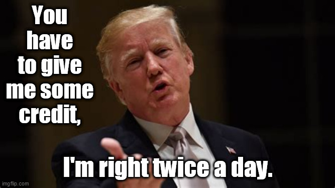 You have to give me some credit, I'm right twice a day. | image tagged in donald trump,credit,broken clock | made w/ Imgflip meme maker