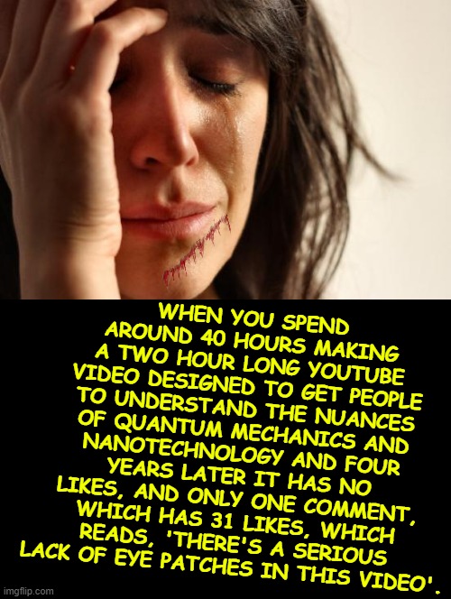 First World Problems Meme | WHEN YOU SPEND AROUND 40 HOURS MAKING A TWO HOUR LONG YOUTUBE VIDEO DESIGNED TO GET PEOPLE TO UNDERSTAND THE NUANCES OF QUANTUM MECHANICS AND NANOTECHNOLOGY AND FOUR YEARS LATER IT HAS NO LIKES, AND ONLY ONE COMMENT, WHICH HAS 31 LIKES, WHICH READS, 'THERE'S A SERIOUS LACK OF EYE PATCHES IN THIS VIDEO'. | image tagged in memes,first world problems | made w/ Imgflip meme maker