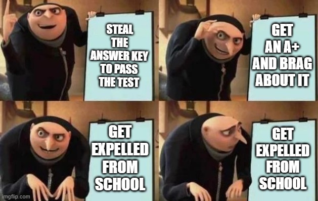 That's what happens when you cheat during tests | STEAL THE ANSWER KEY TO PASS THE TEST; GET AN A+ AND BRAG ABOUT IT; GET EXPELLED FROM SCHOOL; GET EXPELLED FROM SCHOOL | image tagged in gru's plan,school,grades,memes | made w/ Imgflip meme maker