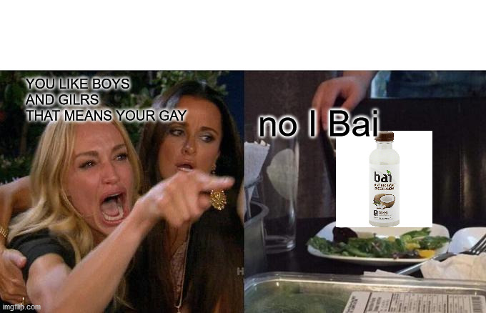 no i Bai | YOU LIKE BOYS AND GILRS THAT MEANS YOUR GAY; no I Bai | image tagged in memes,woman yelling at cat,funny | made w/ Imgflip meme maker