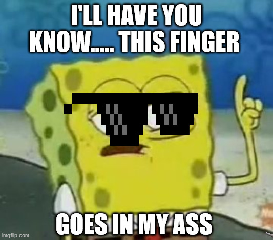 I'll Have You Know Spongebob Meme | I'LL HAVE YOU KNOW..... THIS FINGER; GOES IN MY ASS | image tagged in memes,i'll have you know spongebob | made w/ Imgflip meme maker