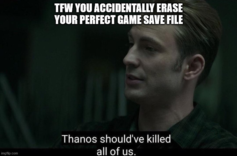 Thanos should've killed all of us | TFW YOU ACCIDENTALLY ERASE YOUR PERFECT GAME SAVE FILE | image tagged in thanos should've killed all of us | made w/ Imgflip meme maker