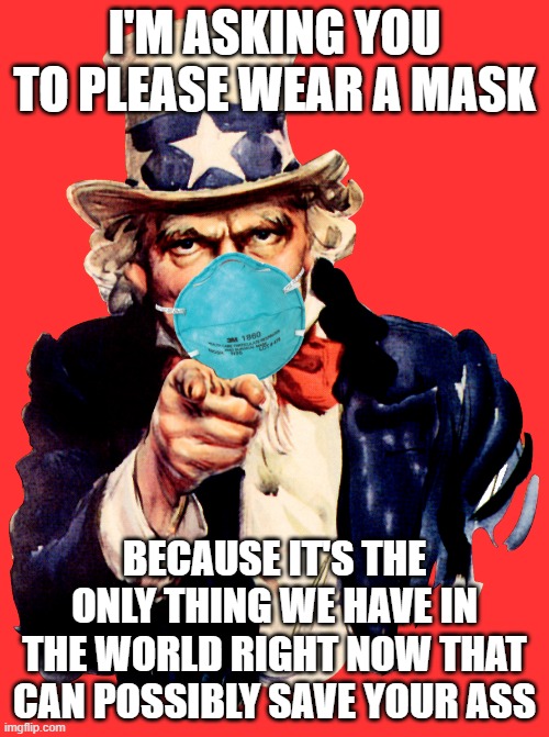 uncle sam i want you to mask n95 covid coronavirus | I'M ASKING YOU TO PLEASE WEAR A MASK; BECAUSE IT'S THE ONLY THING WE HAVE IN THE WORLD RIGHT NOW THAT CAN POSSIBLY SAVE YOUR ASS | image tagged in uncle sam i want you to mask n95 covid coronavirus,covid-19,covidiots,coronavirus,coronavirus meme,memes | made w/ Imgflip meme maker