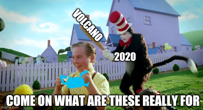 Cat with a bat | VOLCANO; 2020; COME ON WHAT ARE THESE REALLY FOR | image tagged in cat in the hat with a bat ______ colorized | made w/ Imgflip meme maker