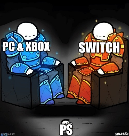 Pc, Xbox and switch are better than ps | SWITCH; PC & XBOX; PS | image tagged in two giants looking at a small guy | made w/ Imgflip meme maker