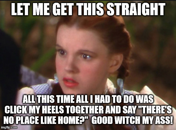 Dorothy:  Good Witch My Ass | LET ME GET THIS STRAIGHT; ALL THIS TIME ALL I HAD TO DO WAS CLICK MY HEELS TOGETHER AND SAY "THERE'S NO PLACE LIKE HOME?"  GOOD WITCH MY ASS! | image tagged in dorothy,wizard of oz,witch,pissed off,angry | made w/ Imgflip meme maker