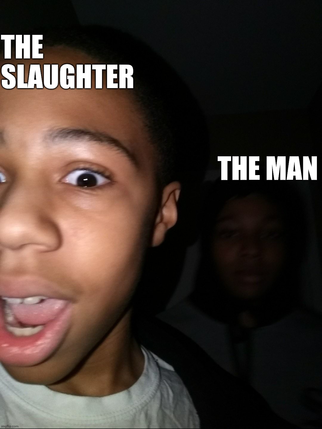 I can't make "The Man" purple :( | THE SLAUGHTER; THE MAN | image tagged in dark kid behind lighter kid | made w/ Imgflip meme maker