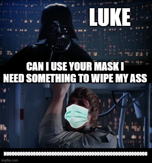 Star Wars No Butt Wipes | LUKE; CAN I USE YOUR MASK I NEED SOMETHING TO WIPE MY ASS; NOOOOOOOOOOOOOOOOOOOOOOOOOOOOOOOOOOOOOOOOOOOOOOOOOOOOO | image tagged in memes,star wars no,masks,face mask,darth vader luke skywalker,darth vader approves | made w/ Imgflip meme maker