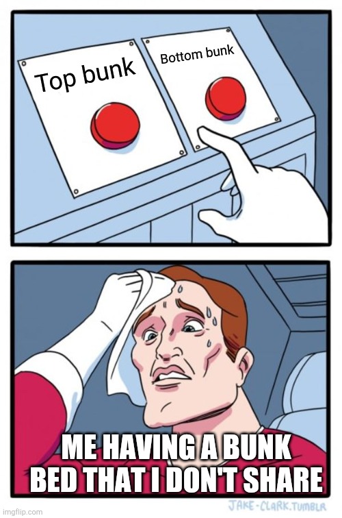 I don't share a room and this is a daily struggle | Bottom bunk; Top bunk; ME HAVING A BUNK BED THAT I DON'T SHARE | image tagged in memes,two buttons | made w/ Imgflip meme maker