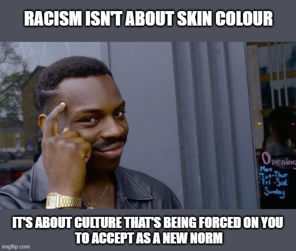 Racism Not | RACISM ISN'T ABOUT SKIN COLOUR; IT'S ABOUT CULTURE THAT'S BEING FORCED ON YOU 
TO ACCEPT AS A NEW NORM | image tagged in memes,roll safe think about it | made w/ Imgflip meme maker