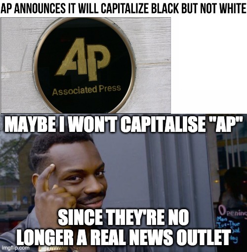 AP is racist liberal fake news | MAYBE I WON'T CAPITALISE "AP"; SINCE THEY'RE NO LONGER A REAL NEWS OUTLET | image tagged in memes,roll safe think about it,funny,politics | made w/ Imgflip meme maker
