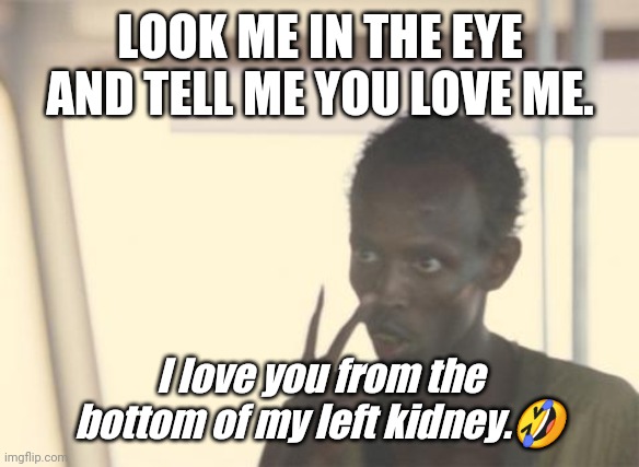 Fun | LOOK ME IN THE EYE AND TELL ME YOU LOVE ME. I love you from the bottom of my left kidney.🤣 | image tagged in memes,i'm the captain now | made w/ Imgflip meme maker