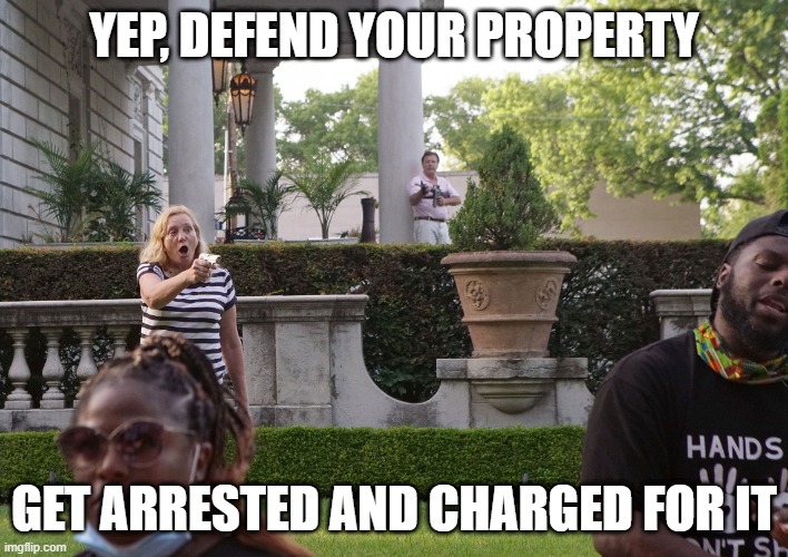 When You Know the BS Smells | YEP, DEFEND YOUR PROPERTY; GET ARRESTED AND CHARGED FOR IT | image tagged in st louis couple mccloskey | made w/ Imgflip meme maker