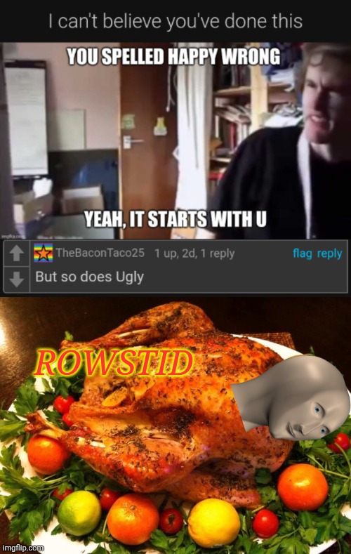 ROWSTID | image tagged in roasted turkey,meme man,rare,insults | made w/ Imgflip meme maker