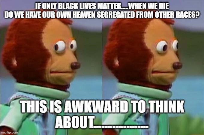 Nervous monkey HD | IF ONLY BLACK LIVES MATTER.....WHEN WE DIE DO WE HAVE OUR OWN HEAVEN SEGREGATED FROM OTHER RACES? THIS IS AWKWARD TO THINK ABOUT.................... | image tagged in nervous monkey hd | made w/ Imgflip meme maker