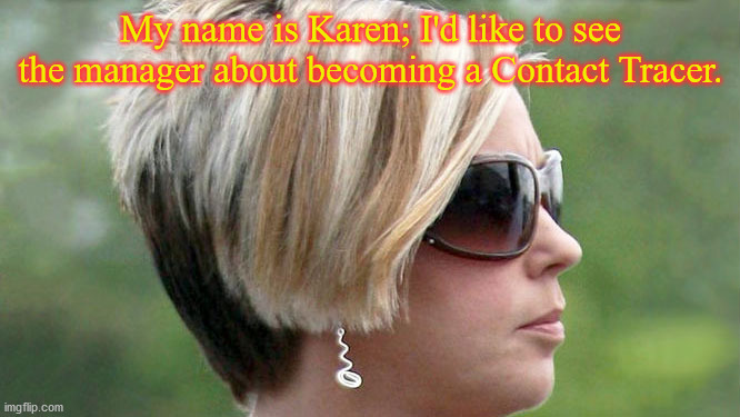 Karen | My name is Karen; I'd like to see the manager about becoming a Contact Tracer. | image tagged in karen | made w/ Imgflip meme maker