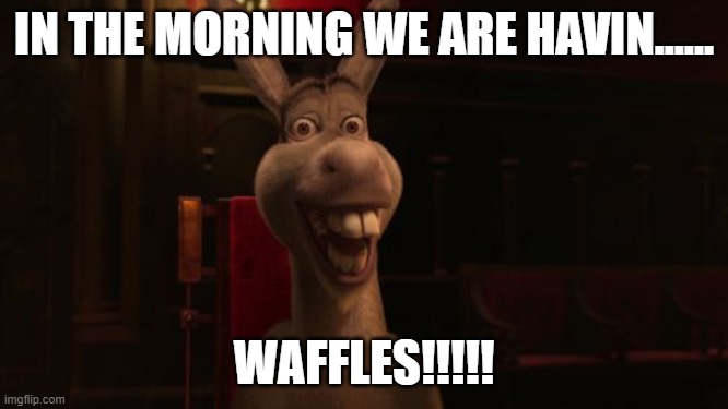 Shrek Donkey | IN THE MORNING WE ARE HAVIN...... WAFFLES!!!!! | image tagged in shrek donkey | made w/ Imgflip meme maker