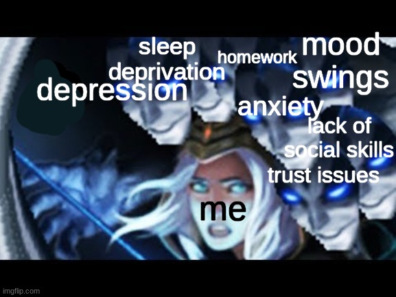 depression and my mental stability | sleep deprivation; depression; mood swings; homework; anxiety; lack of social skills; trust issues; me | image tagged in depression,anxiety,kayn,league of legends,school work,trust issues | made w/ Imgflip meme maker