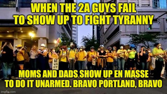 Wow, obviously your leader is getting it wrong, sending in unmarked troops only broodened the peoples resolve. Note the masks. | WHEN THE 2A GUYS FAIL TO SHOW UP TO FIGHT TYRANNY; MOMS AND DADS SHOW UP EN MASSE TO DO IT UNARMED. BRAVO PORTLAND, BRAVO | image tagged in sewmyeyesshut,portland,protest,dump trump,funny,memes | made w/ Imgflip meme maker