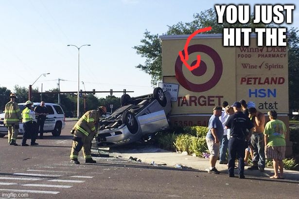 Target car crash | YOU JUST HIT THE | image tagged in target car crash | made w/ Imgflip meme maker