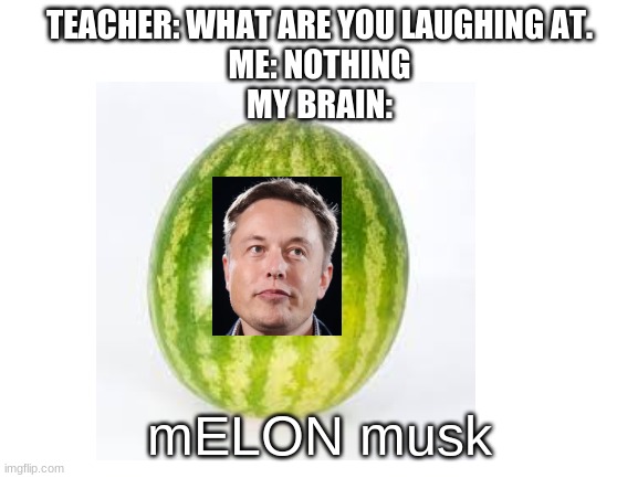 mELON Musk | TEACHER: WHAT ARE YOU LAUGHING AT.

ME: NOTHING

MY BRAIN:; mELON musk | image tagged in elon musk,melon | made w/ Imgflip meme maker