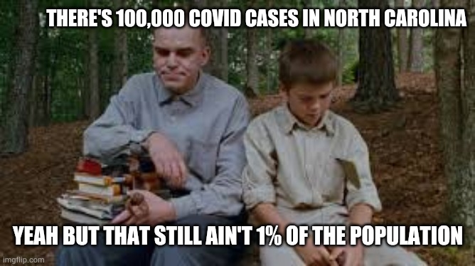  THERE'S 100,000 COVID CASES IN NORTH CAROLINA; YEAH BUT THAT STILL AIN'T 1% OF THE POPULATION | image tagged in covid,virus,corona,slingblade | made w/ Imgflip meme maker
