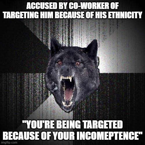 Insanity Wolf | ACCUSED BY CO-WORKER OF TARGETING HIM BECAUSE OF HIS ETHNICITY; "YOU'RE BEING TARGETED BECAUSE OF YOUR INCOMEPTENCE" | image tagged in memes,insanity wolf,AdviceAnimals | made w/ Imgflip meme maker