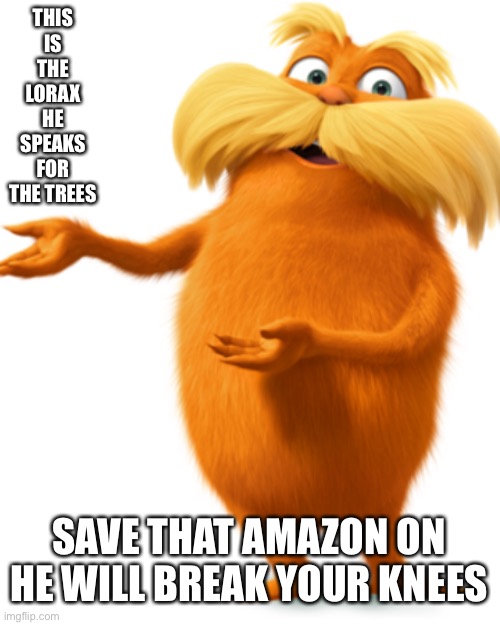 Save the amazon | THIS IS THE LORAX HE SPEAKS FOR THE TREES; SAVE THAT AMAZON ON HE WILL BREAK YOUR KNEES | image tagged in the lorax,amazon | made w/ Imgflip meme maker