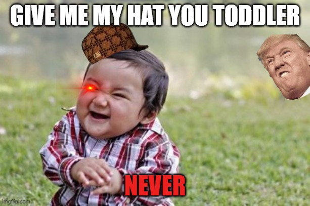 Robbery of trump | GIVE ME MY HAT YOU TODDLER; NEVER | image tagged in memes,evil toddler | made w/ Imgflip meme maker