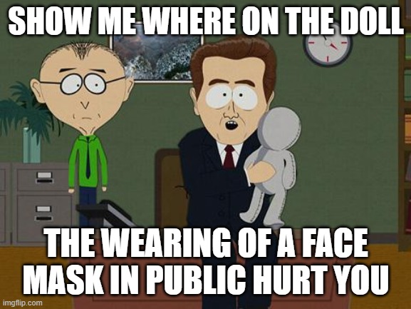 Show me on this doll | SHOW ME WHERE ON THE DOLL; THE WEARING OF A FACE MASK IN PUBLIC HURT YOU | image tagged in show me on this doll,facemask,covid-19,covidiots,society,science | made w/ Imgflip meme maker