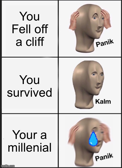 Ha-ha get it? Because millenials are always depressed | You Fell off a cliff; You survived; Your a millenial | image tagged in memes,panik kalm panik | made w/ Imgflip meme maker