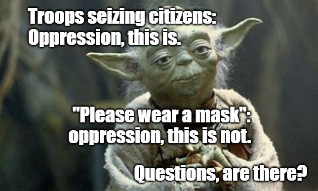 Rocket science it is not. | Troops seizing citizens: Oppression, this is. "Please wear a mask": oppression, this is not. Questions, are there? | image tagged in star wars yoda,oppression,face mask,perspective | made w/ Imgflip meme maker