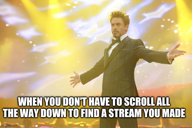 Tony Stark success | WHEN YOU DON'T HAVE TO SCROLL ALL THE WAY DOWN TO FIND A STREAM YOU MADE | image tagged in tony stark success | made w/ Imgflip meme maker