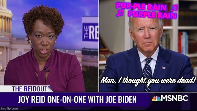 Joe | PUR-PLE RAIN  ♫
♫  PURPLE RAIN; Man, I thought you were dead! | image tagged in artist formerly known as reid | made w/ Imgflip meme maker
