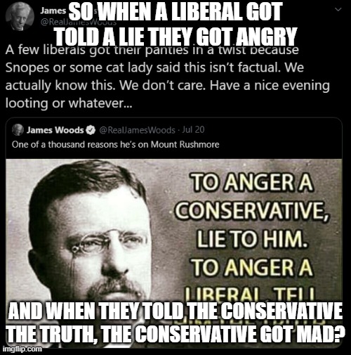 idk he seems pretty defensive... | SO WHEN A LIBERAL GOT TOLD A LIE THEY GOT ANGRY; AND WHEN THEY TOLD THE CONSERVATIVE THE TRUTH, THE CONSERVATIVE GOT MAD? | image tagged in conservative,liberal,lying,truthing,james woods iq is around absolute zero,w | made w/ Imgflip meme maker