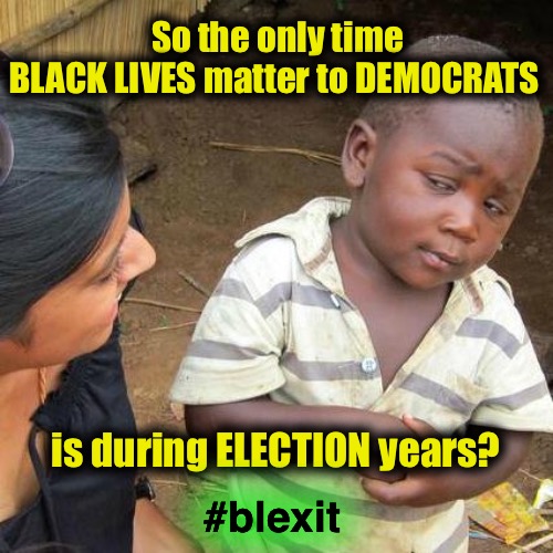 #BLEXIT - Black people exiting the Democratic Party | So the only time
BLACK LIVES matter to DEMOCRATS; is during ELECTION years? #blexit | image tagged in memes,third world skeptical kid,blm,blexit | made w/ Imgflip meme maker
