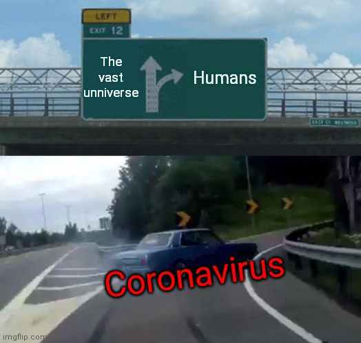 Really??? | The vast unniverse; Humans; Coronavirus | image tagged in memes,left exit 12 off ramp | made w/ Imgflip meme maker