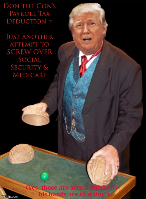 Payroll Tax Shellgame | (Yes, those are actual nutshells -
 his hands are that tiny!) | image tagged in trump,screw,social security,medicare | made w/ Imgflip meme maker