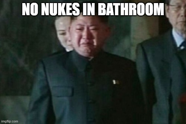 spoild brat | NO NUKES IN BATHROOM | image tagged in memes,kim jong un sad | made w/ Imgflip meme maker