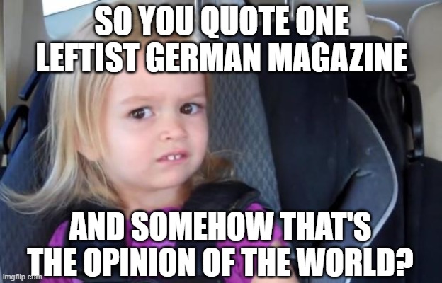 Side Eyeing Chloe | SO YOU QUOTE ONE LEFTIST GERMAN MAGAZINE AND SOMEHOW THAT'S THE OPINION OF THE WORLD? | image tagged in side eyeing chloe | made w/ Imgflip meme maker