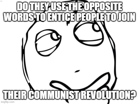 Question Rage Face Meme | DO THEY USE THE OPPOSITE WORDS TO ENTICE PEOPLE TO JOIN THEIR COMMUNIST REVOLUTION? | image tagged in memes,question rage face | made w/ Imgflip meme maker