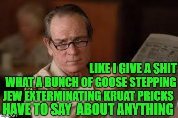 no country for old men tommy lee jones | LIKE I GIVE A SHIT WHAT A BUNCH OF GOOSE STEPPING JEW EXTERMINATING KRUAT PRICKS HAVE TO SAY  ABOUT ANYTHING | image tagged in no country for old men tommy lee jones | made w/ Imgflip meme maker
