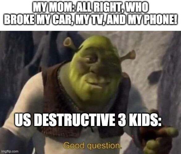 The truth tho | MY MOM: ALL RIGHT, WHO BROKE MY CAR, MY TV, AND MY PHONE! US DESTRUCTIVE 3 KIDS: | image tagged in shrek good question meme template | made w/ Imgflip meme maker