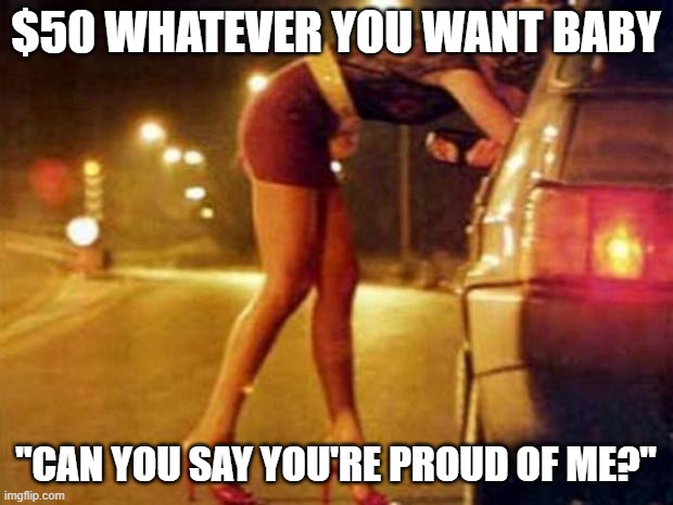 Oral Validation | $50 WHATEVER YOU WANT BABY; "CAN YOU SAY YOU'RE PROUD OF ME?" | image tagged in prostitute | made w/ Imgflip meme maker